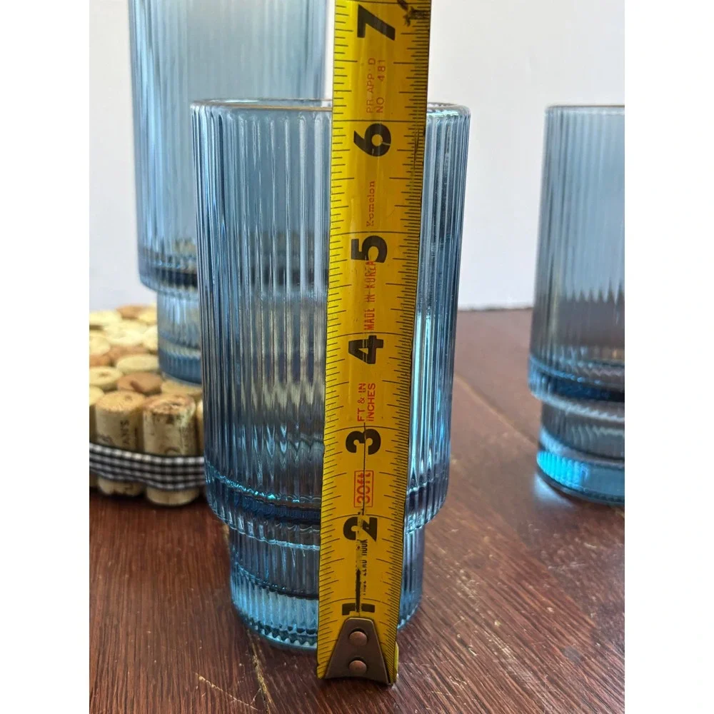 Vintage Blue Ribbed Highball Glasses Set of 4 Stackable Fluted Tumblers 6 inch
